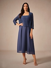 ieftine Rochii Party-Pentru femei Set de rochii Rochie A line Rochii Semi Formale Dantelă Rochii Midi Lungime Manșon 3/4 Pătrat Invitat la nunta Bleumarin Vară Primăvară Fit regulat