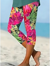 billiga Blommönster-Damleggings Capri Byxor Hög Elasticitet Semester Mode Hawaii Ankel-längd Mid Waist Blommig Grafisk Tryck Termisk Varm Andningsbar Mjuk Semester Avslappnad Daglig