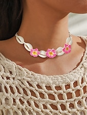 cheap Women&#039;s Necklace-Handmade Cowrie Shell Necklace with Plumeria Flowers – Boho Hawaiian Beach Jewelry for Women, Adjustable Summer Surfer Choker, Tropical Vacation &amp; Festival Accessory