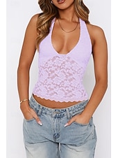 levne Krajkové topy-Dámské Tričko Halenka Bez vzoru Módní Na běžné nošení Bez rukávů Do V Crop Tops Víkend Krajka Slátanina Černá Bílá Fialová Léto