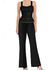 preiswerte Unter 129,99 $-Hosenanzug Mutter der Braut Kleid Elegantes einfaches Rundhals Knöchellang Polyester Langarm mit Spitze Einfarbig
