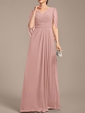 preiswerte Bodenlänge-A-Linie Brautmutterkleid Hochzeitsgast Elegant V Ausschnitt Bodenlang Chiffon Kurzarm mit Falten Raffung 2025