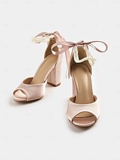 abordables Sandalias de Vestir-Sandalias de satén con punta abierta y tacón cuadrado para mujer con tira de perla en el tobillo: elegantes zapatos de cóctel.