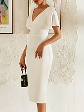 voordelige Kleine witte jurkjes-Verloving Kleine Afstudeerwitte Jurken Bruidsjurken Sheath  Kolom V-Hals Korte Mouwen Thee Lengte Chiffon Bruidsjurken Met Rimpeling Effen Kleur