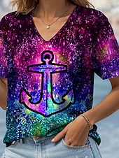abordables T-shirt Tie and Dye et dégradé-Femme Chemisier A Ombre Graphic Ancre Décontractées Manche Courte Col V Hauts réguliers du quotidien Sortie Tenues de plage Imprimer Fuchsia Eté