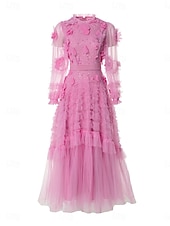 levne Koktejlové šaty-Šaty do A quinceanera růžové šaty květy svatební svatební host maxidélka dlouhý rukáv s kulatým výstřihem s volány