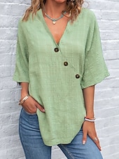 cheap Shirts-Women&#039;s Shirt Cotton Linen Shirts Plain Daily Casual Half Sleeve Butterfly Sleeve Crossover Collar Regular Tops Daily Patchwork Buttons Blue Purple Green Gray Summer Spring