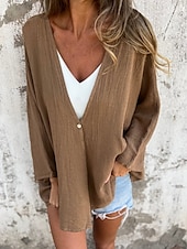 preiswerte Hemden-Damen Hemd Leinen-inspirierte Hemden Knopfleiste Bluse Einfach Basic Modern Langarm V Ausschnitt Normale Oberteile Täglich Ferien Knöpfe Schwarz Orange Braun Grün Beige Sommer