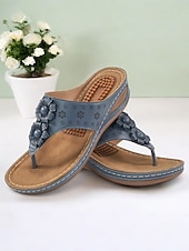 tanie Wygodne sandały-damskie sandały na koturnie z wkładką masującą – kwiatowe, boho japonki na co dzień, na lato, na plażę i na zewnątrz