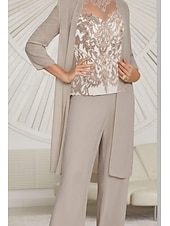 economico Tailleur pantalone della mamma-Tuta  abito intero 3 pezzi madre della sposa invitata al matrimonio elegante collo illusion lungo fino al pavimento in chiffon pizzo maniche lunghe con arricciature colore solido taglia