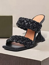 abordables Bal de promo-sandales beiges tressées à talons hauts pour femmes – mules d&#039;été à bout carré et talon épais