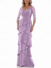 preiswerte Bodenlänge-A-Linie Kleid Brautmutterkleid Formell Elegant V Ausschnitt Bodenlang Chiffon Dreiviertelarm mit Stufen Kaskadierende Rüschen Einfarbig 2025