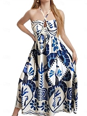 tanie Sukienki z nadrukiem-Damskie Sukienka midi Sukienka dla gościa weselnego w stylu boho Elegancja Elegancki Seksowny Ponadgabarytowych Kwiaty Bez rękawów Kantarka Niebieski Lato Wiosna