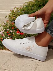 Χαμηλού Κόστους Γυναικεία Sneakers-γυναικεία λευκά εύκαμπτα πάνινα πάνινα παπούτσια – ελαφριά αναδιπλούμενα παπούτσια με κορδόνια για ταξίδια, περπάτημα και casual ντύσιμο