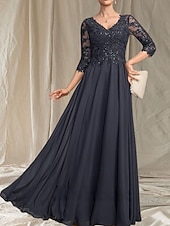 economico Lunghezza del pavimento-Linea ad A Abito da cerimonia per signora Ospite di nozze Elegante Scollo a V Lunghezza al pavimento Chiffon Manica 3/4 con Perline Applicazioni 2025
