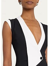 levne Délka čaje-Bezrukávový tuxedo černé šaty matky nevěsty elegantní košilový límec čajové délky elastické tkaniny s blokováním barev midi šaty 2025