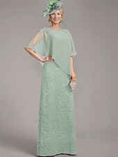 preiswerte Bodenlänge-A-Linien-Kleid, elegantes Kleid für die Brautmutter, Rundhalsausschnitt, bodenlang, Chiffon, halbe Ärmel, mit Spitze, einfarbig, 2025