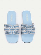 levne Sandály na dovolenou-dámské světle modré štrasové sandály zdobené kamínky – elegantní a pohodlné nazouváky na léto, na pláž i na běžné výlety