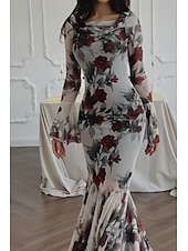 abordables Robes fleuries décontractées-Femme robe longue Robe Fourreau Robe à fleurs Robe imprimée Mode Robe chic Extérieur Vacances Rendez-vous Standard Fleur manche longue Col Ras du Cou Rouge Rose Printemps