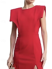 economico Abiti da cocktail-Abiti da Cocktail A-Line Abito Elegante Matrimonio Formale Lunghezza Tè Senza Maniche Collo a Giro Abito Rosso Crepe Elastico