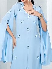 preiswerte Unter 129,99 $-Blaue Glitzer Mutter der Braut Kleid Elegantes Hochzeitsgastkleid V-Ausschnitt Maxi-Länge Chiffon Lange Ärmel mit Kristallen