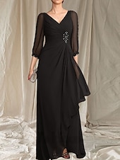 economico Lunghezza del pavimento-Linea ad A Abito da cerimonia per signora Ospite di nozze Elegante Scollo a V Lunghezza al pavimento Chiffon Manica 3/4 con Perline Arricciatura 2025