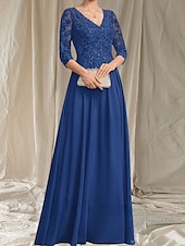 economico Lunghezza del pavimento-Linea ad A Abito da cerimonia per signora Ospite di nozze Elegante Scollo a V Lunghezza al pavimento Chiffon Manica 3/4 con Perline Applicazioni 2025