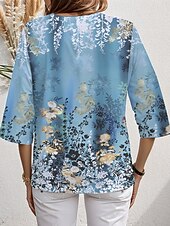 billiga Blommiga toppar-Damblus lång ärm asymmetrisk fåll blommig grafisk elegant hawaiiansk stil kort ärm V-ringad vanliga toppar vardag helg utgående tryck blå lila orange grön sommar vår
