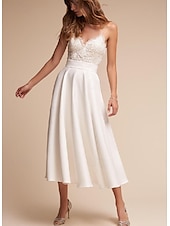cheap Little White Dresses-Engagement Little Graduation White Dresses Wedding Dresses A-Line V Neck Spaghetti Strap Sleeveless Ankle Length Chiffon Bridal Gowns With Sash / Ribbon 2025