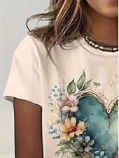 cheap Floral tee-Women&#039;s T Shirt Summer Tops Heart Graphic Classic Casual Short Sleeve Crew Neck Crop Tops Daily Weekend Print Rainbow Summer Spring Fall