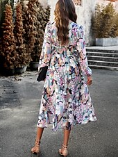 cheap Floral Dress-Women&#039;s Midi Dress A Line Dress Fit And Flare Dress Puff Sleeve Dress Vacation Casual Vacation Daily Regular Fit Graphic Long Sleeve V Neck Red Blue Green Apricot Summer
