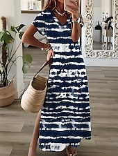 levne Umění a design šaty-Dámské Maxi šaty Letní šaty Áčkové šaty prázdniny Na běžné nošení Jdeme ven Plážové Běžný Květinový Grafika Krátký rukáv Do V Vodní modrá Trávová zelená Jaro Podzim