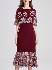 abordables Longueur du thé-Robe Mère de la Mariée Élégante Fête Col Arrondi Longueur Sol Cotonnage Manches Courtes avec Broderie Robe Midi 2025