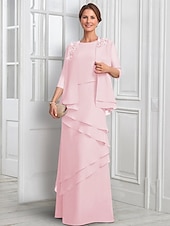 levne S bundou-Modrý dvoudílný A-line formální oblek šaty matky nevěsty elegantní třpyt  lesk s náhrdelníkovým výstřihem podlahové délky šifon s polovičním rukávem a knoflíky a aplikacemi květu