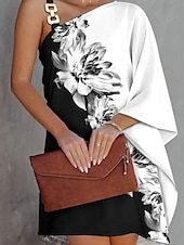 preiswerte Blumenkleid-Damen Mini Kleid Shift-Kleid Off-the-Shoulder Kleid Lässig Glockenärmel Urlaub Straße Lässig reguläre Passform Grafik Langarm asymmetrisch Schwarz und Weiß Schwarz Marineblau Orange