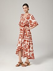 economico Abiti floreali-Per donna Abito in Raso Abito Lungo Maxi Abito Arancione Nodo frontale Vacanza XS S M