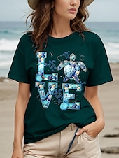 cheap Hawaiian tee-Women&#039;s T Shirt Cotton Shirt Graphic Animal Ocean Casual Short Sleeve Round Neck Regular Tops Daily Print Black Green Summer