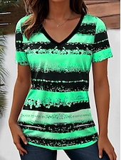 billige Stripe og geometrisk t-skjorte-Dame T skjorte hav Stripet Fritid Kortermet V-hals Vanlige topper Daglig Ut på byen Helg Trykt mønster Gul Rosa Blå Lilla Oransje Sommer
