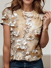 ieftine tricou floral-Pentru femei Tricou Floral Bloc Culoare #D Stilat Casual Manșon scurt Rotund Topuri obișnuite Zilnic Sfârșit de săptămână Imprimeu Bej Vară Primăvară