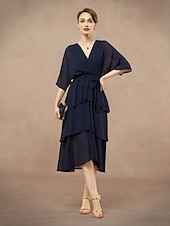 cheap Cocktail Dress-A-Line Mother of the Bride Dress Wedding Guest Elegant V Neck Floor Length Chiffon Half Sleeve with Bow(s) Cascading Ruffles Solid Color 2025