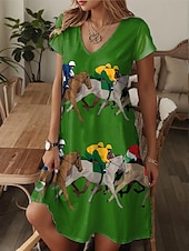 tanie sukienka Kentucky-Sukienka Mini Kentucky Derby Damska Sukienka A Linie Sukienka T-Shirt Sukienka Tee Letnia Sukienka Casual Wakacyjna Codzienna Data Regular Fit Graficzny Zwierzę Krótki Rękaw V Dekolt Zielona Lato