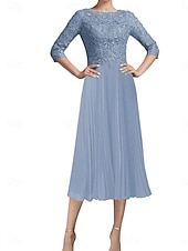 abordables Moins de 129,99 $-Robe Robe de Mère de Mariée  Élégant ancien Simple Col ras du cou Longueur thé Polyester Manche 3/4 avec Dentelle Couleur Unie 2025