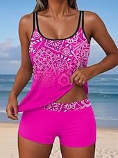 billiga Tankinis-Kvinnors Baddräkter Tankini 2 Delad Shorts Baddräkt Rygglös Semester Strand Kläder Ombre Grafisk U-Hals Ärmlös Badkläder