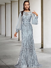 economico Lunghezza del pavimento-Abito madre della sposa a sirena per invitati a matrimoni elegante brillante scollo gioiello strascico/traine in chiffon maniche lunghe con applicazioni in paillettes 2025 taglia personalizzata