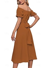 abordables Robes de vacances-Femmes Robe Midi Robe en coton et lin Mode Basique Moderne Quotidien Fête Sortir Coupe régulière Uni Manche Courte Épaules Dénudées Vert Claire Bleu Roi Violet Marron Été