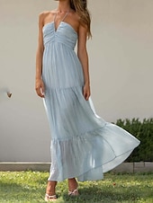 abordables Robes de vacances-Femmes Robe Midi Robe de remise des diplômes Mode Extérieur Date Sortir Coupe régulière Uni Sans manches Bretelles spaghetti Bleu Vert Été