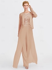 abordables Combinaisons pour maman-Ensemble jumpsuit  pantalon en deux pièces de mariage à la plage mère de la mariée invitée de mariage formelle élégante wrap inclus col bateau longueur sol chiffon manches 3/4 avec appliques 2025