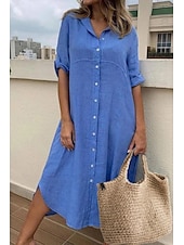 economico disegnare abiti in cotone e lino-Per donna Abito Midi Abiti ispirati al lino Abito Camicia Abito in cotone e lino Moda Classico Quotidiano Uscire Weekend Vestibilità regolare Semplice Manica Lunga Colletto a Camicia Nero Blu Verde