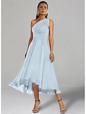 abordables Robes pour invitées de mariage-Robes de Mariage Invité A-Line Robe Élégante Formelle Fête de Mariage Longueur Thé Sans Manches Une Épaule Invité de Mariage Automne Chiffon avec Fronces 2025