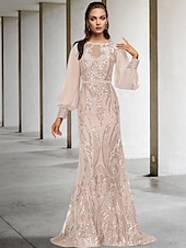 economico Lunghezza del pavimento-Abito madre della sposa a sirena per invitati a matrimoni elegante brillante scollo gioiello strascico/traine in chiffon maniche lunghe con applicazioni in paillettes 2025 taglia personalizzata